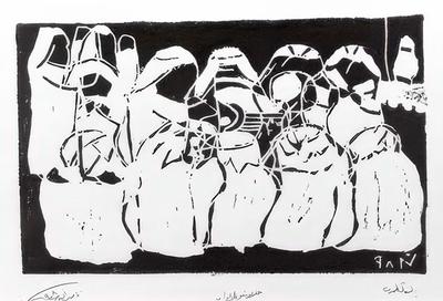 A gathering of Musical Joy - Bastat Tarab, 1998, Linoleum print