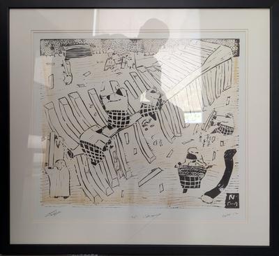 Building the Jalbout, 2000, Linoleum print