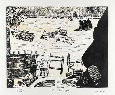 Building the Palm-Leaf Homes, 2000, Linoleum print