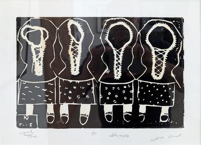Bukhnaq Wearing Ladies, 2004, Linoleum print