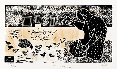Chicks, 2003, Linoleum print