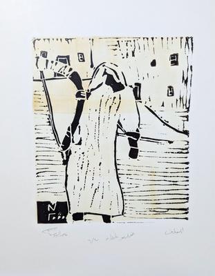 Cotton carder, 2000, Linoleum print