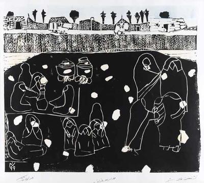 Picnic Under the Shade of a Tree, 1999, Linoleum print