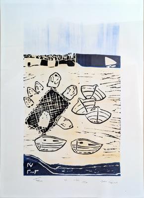 Preparing for Fishing, 2002, Linoleum print