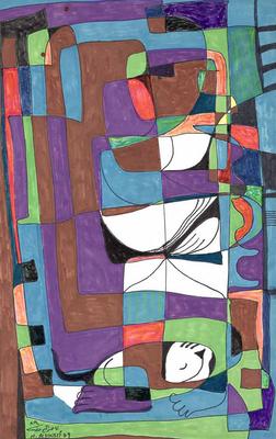 Sleeping Cat, 1989, Ink and felt pen colors