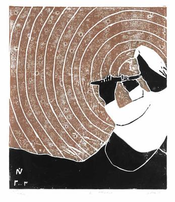 Sorrowful Tunes on the Flute, 2003, Linoleum print