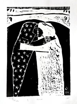 the Meeting, 1998, Linoleum print