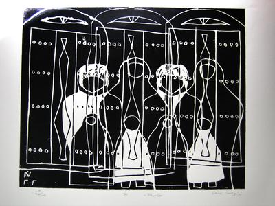The Merging of Houses and their Inhabitants, 2002, Linoleum print