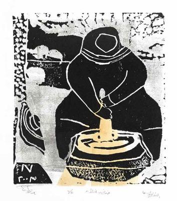 The Preparation of Harees, 2003, Linoleum print