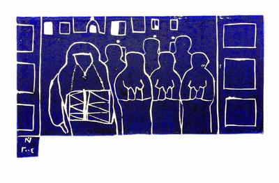 The Ramadan Drummer, 2004, Linoleum print