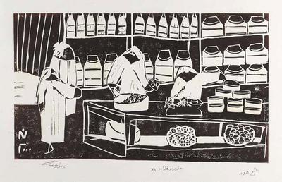 The Traditional Sweet-Seller, 2000, Linoleum print