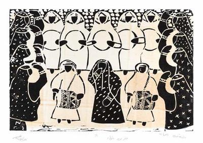 Traditional Dance – Al Khammari, 2004, Linoleum print