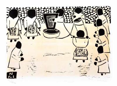 Traditional Dance – Tanboora, 2004, Linoleum print
