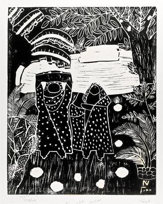 Two Village Girls, 2000, Linoleum print