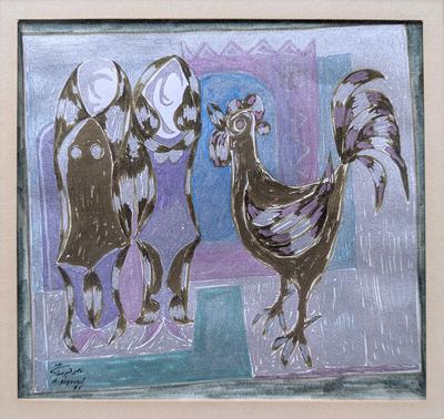 Two Women and a Rooster, 1985, Marker pens and watercolors